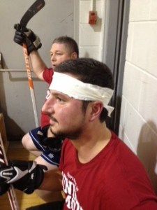 "After taking a stick to the ear by Matador, Kamikaze got stitched up and was back on the bench for more action ....good Canadian Kid....way Ta go Kamikaz " Don Cherry