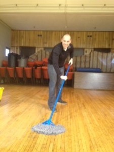 Soupy lends a hand with dirty floors by helping Mop up stage and the Kapusta Kow Palace floor ..."I want it to be a better world out there for everyone ", Soupy said.