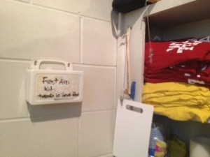First aid kit has been hung up for easy recognition ....we all we might need is a defibrillator ...