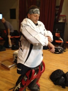 Snowpants dresses nervously for goaltending debut ! 